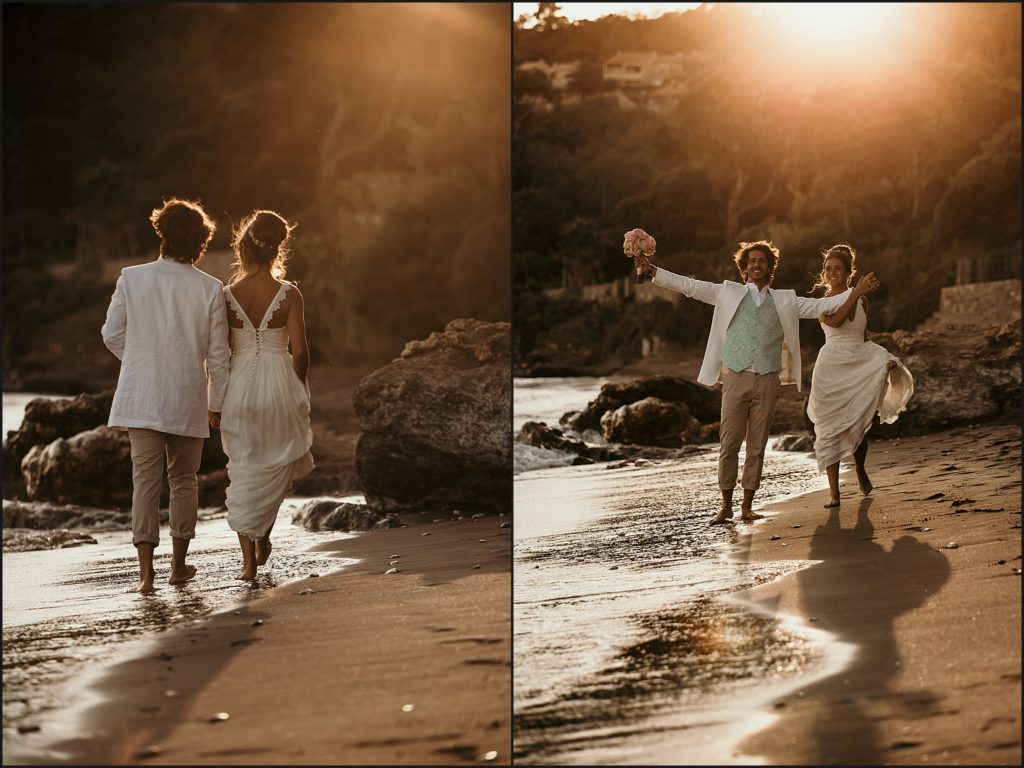 Mariage au Rayol Canadel mariés marchent sur la plage du rayol coucher de soleil