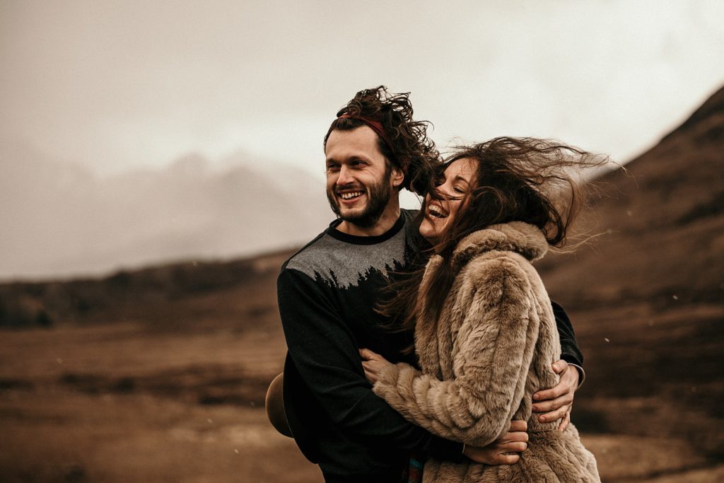 Wedding photographer Scotland windy love session isle of skye