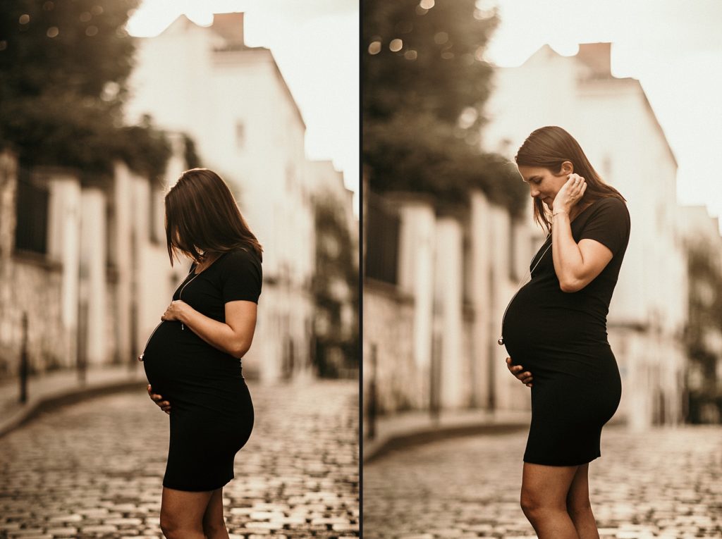 Une séance photo grossesse à Montmartre femme enceinte dans rue ensoleillée montmartre